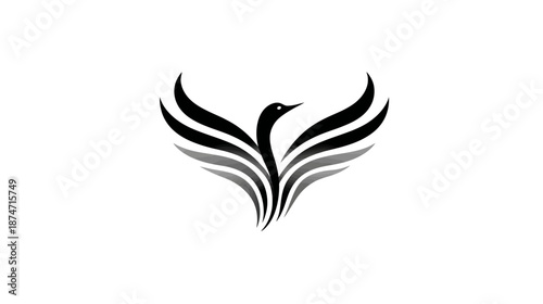 Stylized black bird graphic with elegant wings spread, abstract avian design, symbolizing freedom, flight, aspiration, and success.