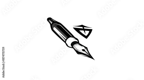 Elegant fountain pen illustration with abstract shield icon, symbolizing writing, creativity, communication, and digital security