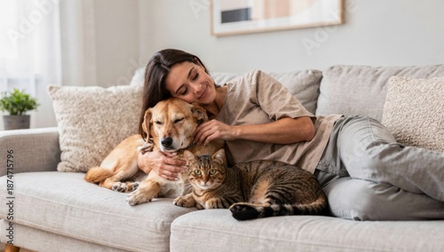 Woman cuddling her dog and cat while relaxing on a comfortable sofa at home