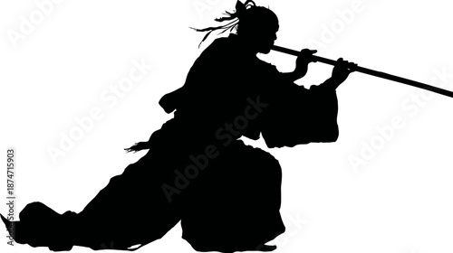 Dynamic silhouette of a traditional Asian warrior or martial artist in a combat stance with a long weapon