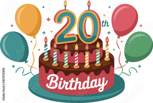 Vibrant 20th birthday cake with colorful balloons and candles