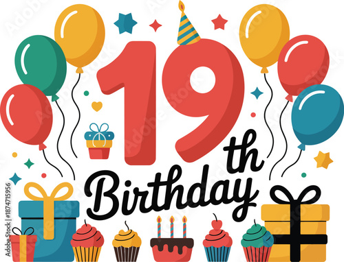 Vibrant 19th birthday celebration with balloons and gifts