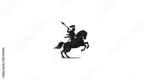 Dynamic silhouette of a warrior riding a rearing horse with a spear, equestrian combat symbol, strength power concept.