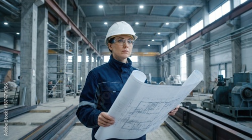 Female engineer in hard hat and safety glasses holding blueprints in a factory setting