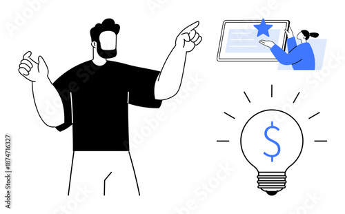 Business strategy, digital marketing, entrepreneurship, financial planning, innovation, online learning. A professional pointing at a screen and a lightbulb with a dollar sign. Business strategy