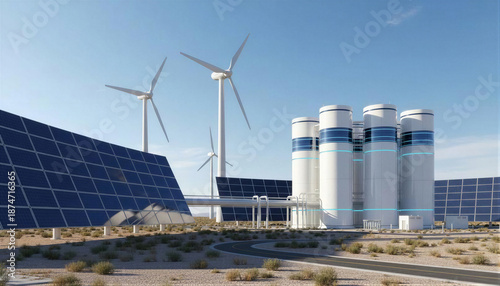 Battery system near solar panels and wind turbines during the day