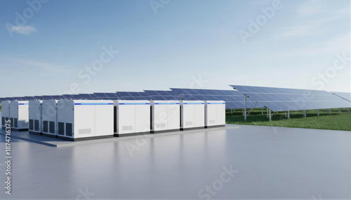 Lithium battery storage system and solar panels outdoors