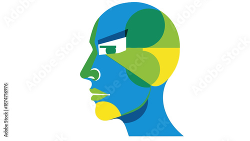 Abstract profile of a human head with geometric shapes and vibrant colors