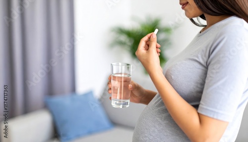 Pregnant woman taking prenatal vitamins or medication with a glass of water at home