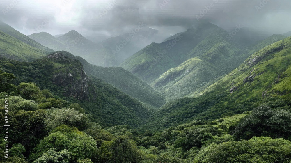 Fototapeta premium Serene Mountain Valley Surrounded by Lush Greenery Under Dramatic Cloudy Sky with Rolling Hills and Mysterious Atmosphere in Nature Landscape