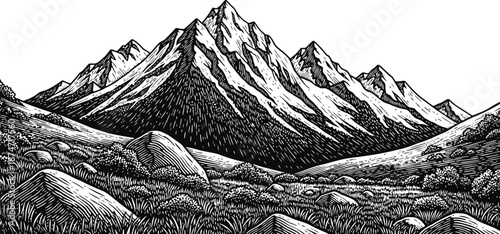 Jagged Snow-Capped Mountains Landscape in Hatch Style