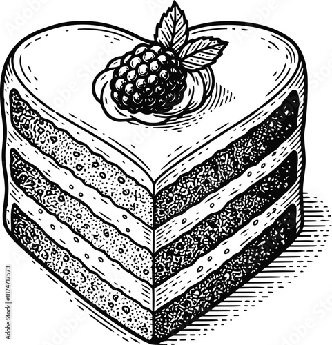 Layered Cake Slice with Raspberry and Leaves, Engraved Illustration Style