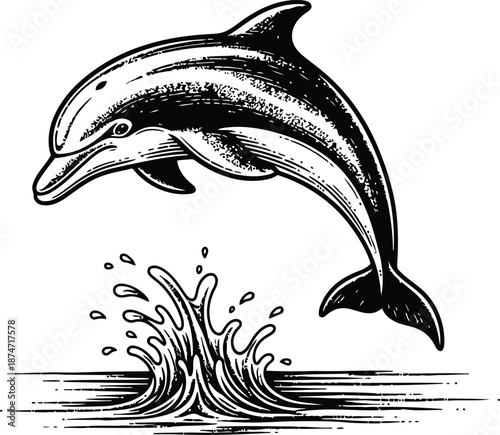 Leaping Dolphin Breaking Water Surface, Dynamic Jump Splash, Ocean Wildlife Illustration, Monochrome Sketch Style