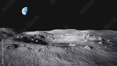 View of a crater on the lunar surface with a view of the earth and the sun