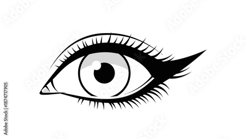 Black and white illustration of a stylized eye with dramatic eyeliner and lashes