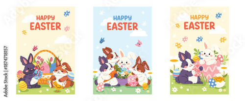 Set of cute Easter greeting cards with adorable rabbits. Happy bunnies with eggs, flowers and baskets on spring backgrounds. Flat vector poster collection for Easter holiday design.