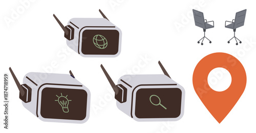 Technology, innovation, navigation, teamwork, communication, brainstorming. Three headsets display icons, showing lightbulb search globe. Augmented reality and innovation concept