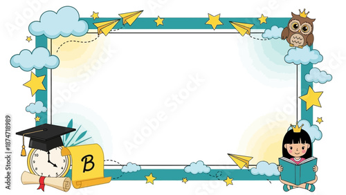 Digital illustration of a colorful educational frame with cartoon characters and graduation symbols on a white background.