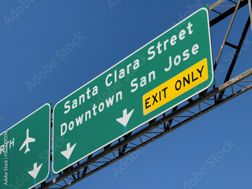 California Highway 87 overhead sign, directional signage marking Santa Clara Street and Downtown San Jose exit only