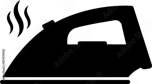 Black flat icon of a hot iron with steam for clothes care and laundry appliances. Simple domestic equipment vector symbol