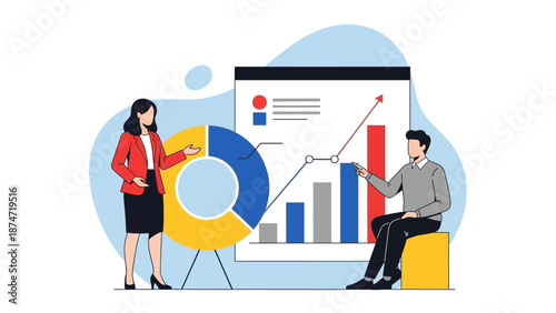 Illustration of a businesswoman and man analyzing a graph and pie chart in a professional setting.