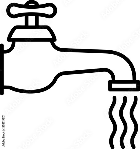 Black outline icon of a water faucet with flowing water. Conservation concept. Vector symbol for plumbing, household, ecology design