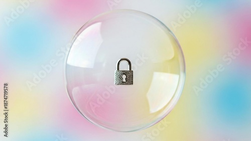 Digital security: Padlock protecting a password in a bubble on colorful background.
