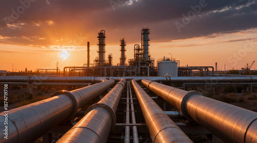 Pipelines stretch towards an industrial facility at sunset. The sun sets behind tall structures, casting shadows over the landscape. This scene shows a moment in the evening at an energy site