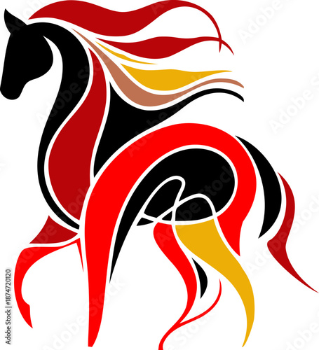 Abstract stylized horse logo design, powerful stallion illustration in red and black