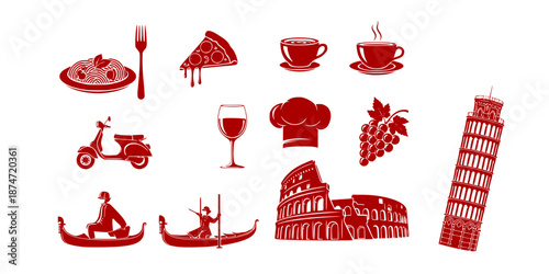 Italy Landmark Vector Sketch Set. Coliseum, bridges Venice, tower Pisa, Vatican, Rimini, Arch Augustus, Santa Maria del Fiore, Florence
