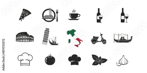 Italy Landmark Vector Sketch Set. Coliseum, bridges Venice, tower Pisa, Vatican, Rimini, Arch Augustus, Santa Maria del Fiore, Florence
