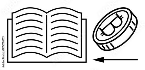 Cryptocurrency learning. Open book education and Bitcoin icon blockchain and digital currency. Perfect for cryptocurrency, blockchain, education, fintech, e-learning visuals