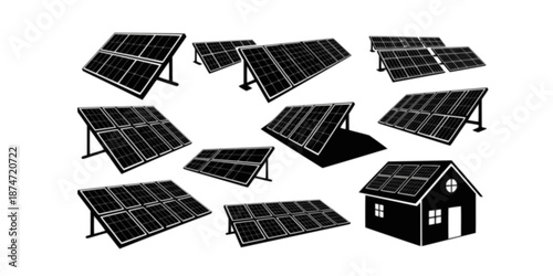Solar panel vector icon collection for roof. Alternative, eco-friendly, renewable and sustainable energy symbol. Vector illustration