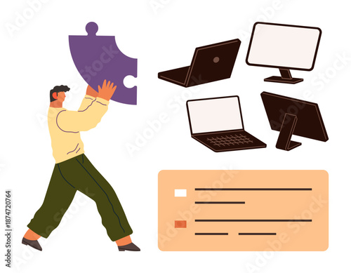Teamwork, problem solving, digital organization, workflow efficiency, task management, collaboration. Man holds puzzle next to computers and task list. Problem solving and digital organization