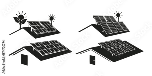 Solar panel vector icon collection for roof. Alternative, eco-friendly, renewable and sustainable energy symbol. Vector illustration