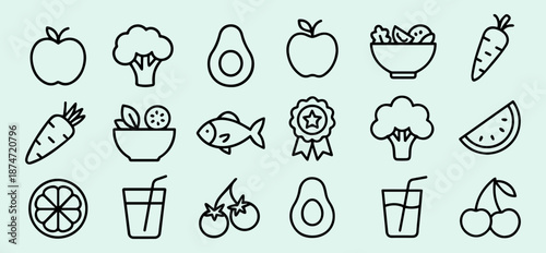 A set of black line icons depicting various healthy food and drink items, including fruits and vegetables, on a light blue background with a white space below.