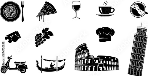 Italy Landmark Vector Sketch Set. Coliseum, bridges Venice, tower Pisa, Vatican, Rimini, Arch Augustus, Santa Maria del Fiore, Florence
