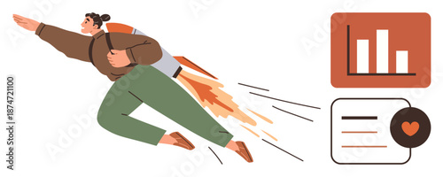 Business growth, productivity, innovation, technology, speed, determination. A person flying forward with a jetpack near a bar graph and communication icon. Business growth and productivity concept