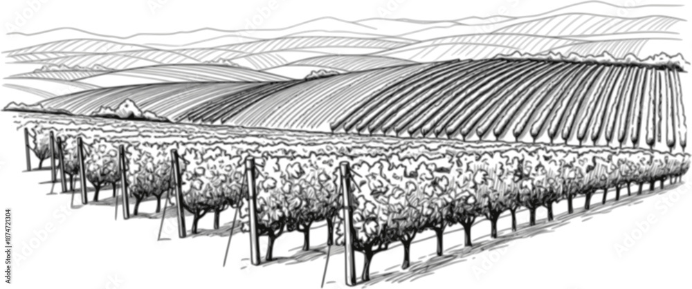 Fototapeta premium Hand draw vineyard tuscany landscape farm field in monochrome sketch style. Vintage panoramic vector illustration. 