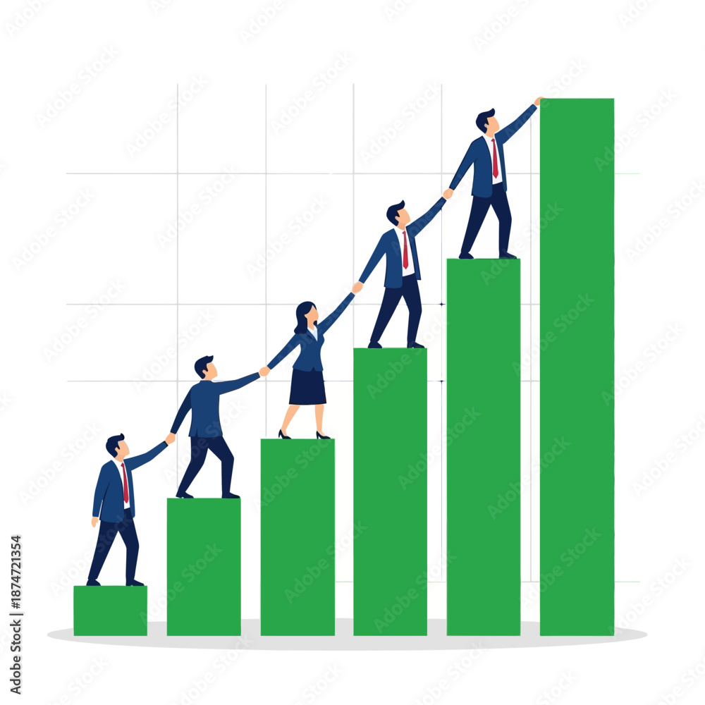 Fototapeta premium Business Team Climbing Green Bar Graph Together.