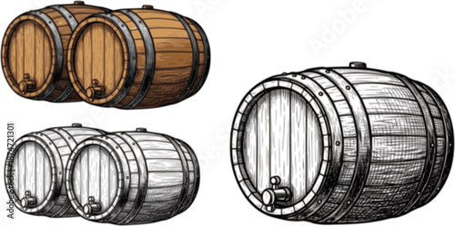 Beer or wine barrels ioslated on white background, engraving style color and black and white vector illustration