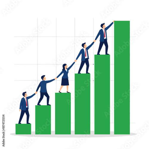 Business Team Climbing Green Bar Graph Together.