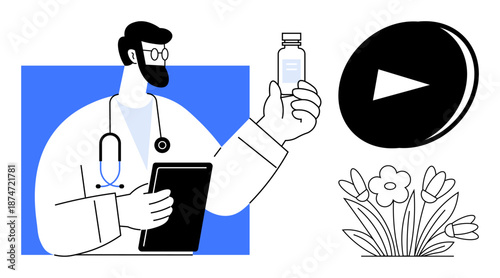 Healthcare, medical services, vaccination campaigns, online video tutorials, spring , digital health. A doctor holding a vaccine bottle and tablet. Healthcare and vaccination campaigns concept