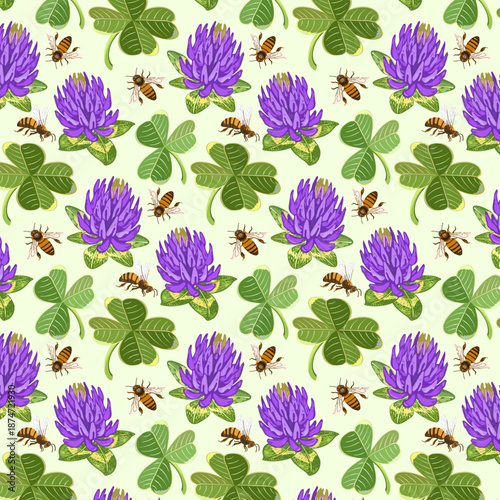 Hardworking bees collecting nectar on flowering clover.Vector pattern with bees and clover flowers on a colored background.