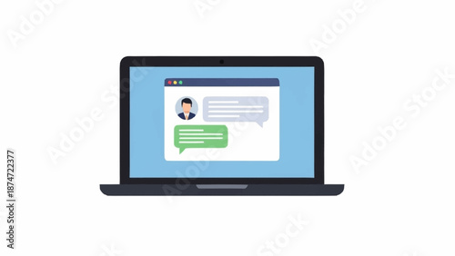 A laptop screen displaying an instant messaging application with a chat conversation and speech bubbles.