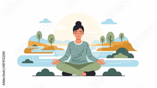 Serene illustration of a person meditating in a peaceful lotus position surrounded by a tranquil natural landscape.