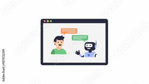 Illustration of a person chatting with an AI robot assistant in a web browser interface.