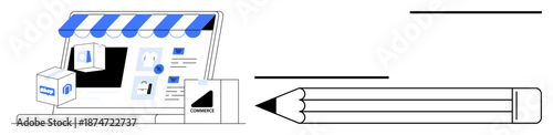E-commerce, online shopping, retail design, digital marketing, branding, content creation. Storefront with packages and a pencil. E-commerce and online shopping in modern retail visuals