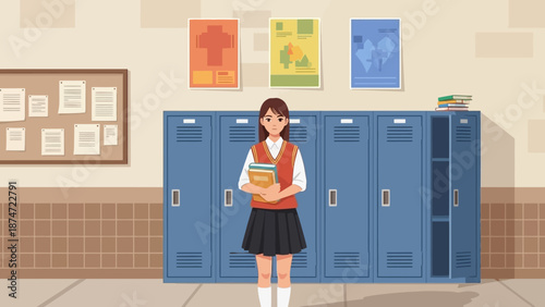 Illustration of a high school student holding books standing in front of blue lockers in a school hallway with posters on the wall.