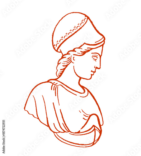 Greek statue. Woman goddess Athena Pallas. Ancient female bust. Greek sculpture of woman face. Goddess head, classic antique roman art. Vector illustration, culture mythology sketch, museum portrait